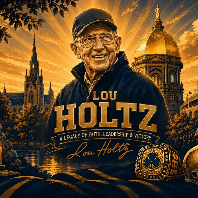 Illustrated tribute artwork of Coach Lou Holtz in a ball cap, set against a golden dome, a church spire and a stadium, with the words Lou Holtz: A Legacy of Faith, Leadership and Victory