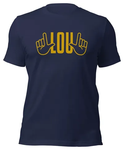Navy Saluting Lou t-shirt with a gold LOU wordmark between two hands making an L sign
