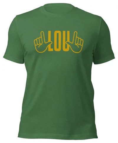 Heather green Saluting Lou t-shirt with a gold LOU wordmark between two hands making an L sign