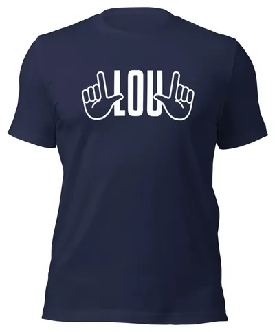 Navy Saluting Lou t-shirt with a white LOU wordmark between two hands making an L sign