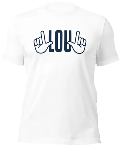 White Saluting Lou t-shirt with a navy LOU wordmark between two hands making an L sign