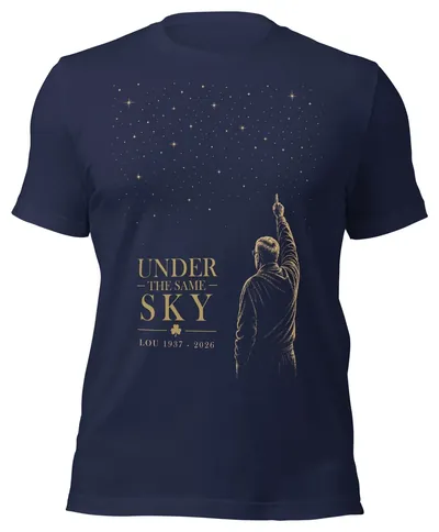 Navy Under the Same Sky t-shirt showing a gold figure pointing up at a starry sky, with the text Lou 1937 - 2026